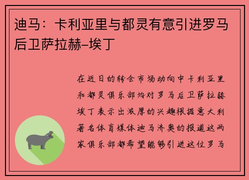 迪马：卡利亚里与都灵有意引进罗马后卫萨拉赫-埃丁